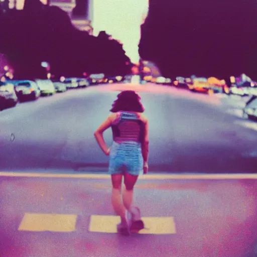 Image similar to colorful instant photograph of a woman in the middle of the street, polaroid, light leak, raw, nostalgic, daylight, blue sky, clouds