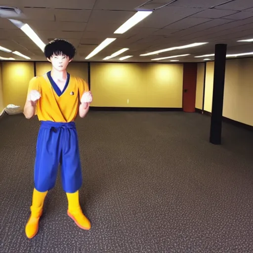 Image similar to low quality photo of real life version of son goku in the backrooms, mono - yellow old moist carpet randomly connected infinite empty office space yellow colors warm light scary