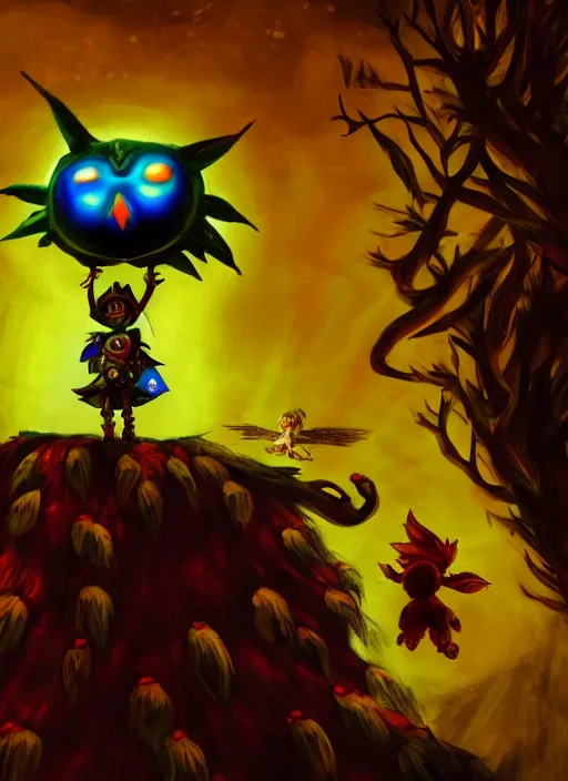 Image similar to skull kid from majoras mask floating in the air while looking at the viewer maniacally, legend of zelda fairy in the background, dramatic lighting, cinematic, film, dynamic pose, movie scene, colorful, dark art, concept art, 8K