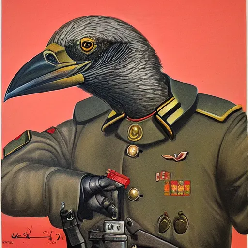 Image similar to a detailed and complex, highly detailed, concept art, soviet propaganda poster depicting a dromaius in military uniform. painting by irakli toidze,