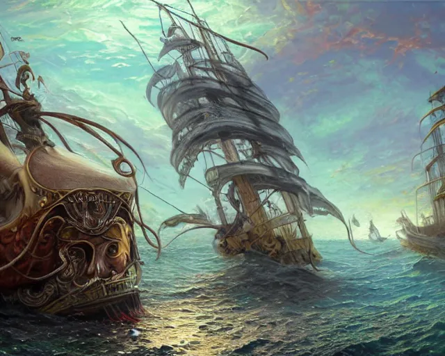 Prompt: a very detailed and beautiful portrait of a a pirate ship being pulled underwater by a giant tentacle, artwork by artgerm, ships sail made of human skin, giant tentacle breaching the water, wide angle, full body, fantasy, highly detailed, digital painting, artstation, smooth, sharp focus, art by thomas kinkade and stephan martiniere and kevin swartz