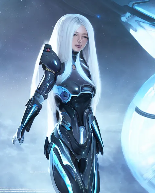 Image similar to perfect android girl on a mothership, warframe armor, beautiful face, scifi, futuristic, galaxy, nebula, raytracing, dreamy, long white hair, blue cyborg eyes, sharp focus, cinematic lighting, highly detailed, artstation, divine, by gauthier leblanc, kazuya takahashi, huifeng huang