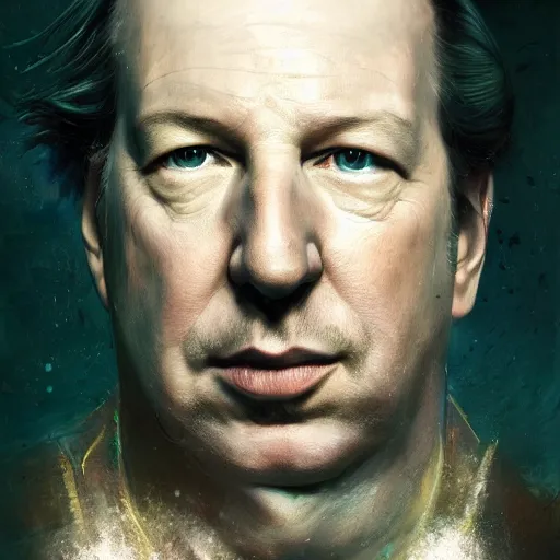 Image similar to Portrait of Hans Zimmer , German Composer, heroic, tricolor background, amazing splashscreen artwork, splash art, head slightly tilted, natural light, elegant, intricate, fantasy, atmospheric lighting, cinematic, matte painting, detailed face, by Greg rutkowski