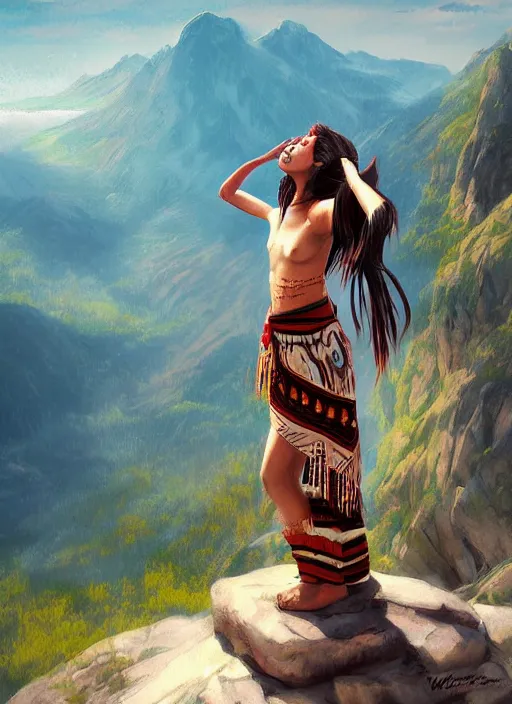 Prompt: a young indigenous woman at the top of a mountain, with arms wide open, art by wlop