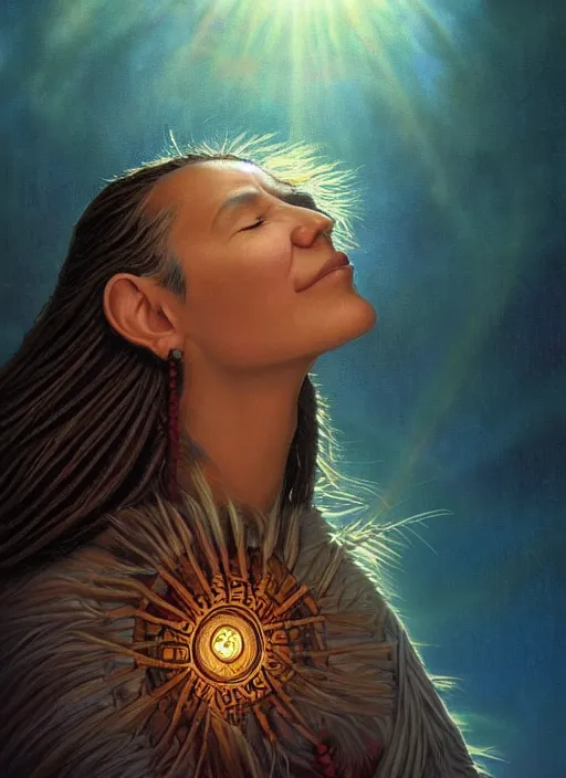 Prompt: a beautiful closeup portrait of an indigenous female shaman receiving particles of loving light energy from above, god rays, designed by dr seuss and michal karcz, by christophe vacher