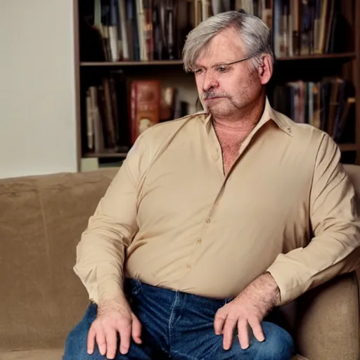 Prompt: full body photo of steve, mature male, mysterious face. he is a doctor. he is sitting gracefully on a sofa, elegant slim beige shirt. he pose with his enormous belly