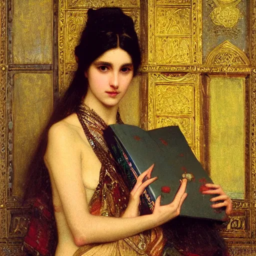 Prompt: orientalist portrait of a princess holding an iridescent eldritch tome intricate portrait by john william waterhouse Edwin Longsden Long and Theodore Ralli and Henryk Siemiradzki, very coherent symmetrical artwork. Cinematic, hyper realism, high detail 8k