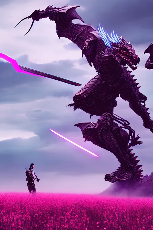 Image similar to illustration cinematic cyborg dragon yielding katana in a field of pink flowers, highly detailed concept art masterpiece, desaturated vitaly bulgarov eric zener dramatic blue light, ground angle uhd 8 k, sharp focus