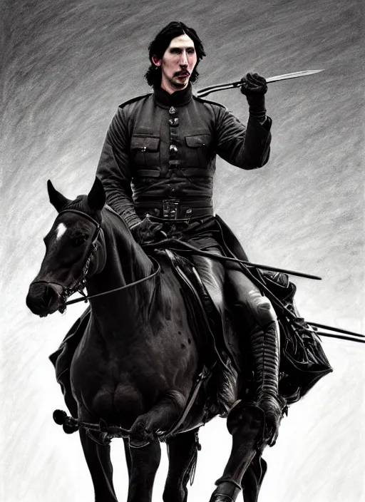 Prompt: painting of adam driver and john oliver, riding horse, stoic, full body, military uniform, fantasy, intricate, elegant, beautiful, highly detailed, charcoal, centered, dark, smokey, digital painting, artstation, concept art, smooth, sharp focus, illustration, art by artgerm and greg rutkowski and alphonse mucha