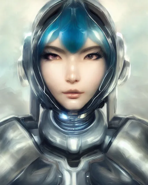 Image similar to detailed portrait of perfect android girl, warframe armor, beautiful face, scifi, futuristic, space station, laboratory, song hye - kyo, dreamy, long white hair, blue cyborg eyes, cinematic lighting, innocent, highly detailed, sharp focus, smooth, artstation, intricate, award winning, pure aura, divine, by akihiko yoshida