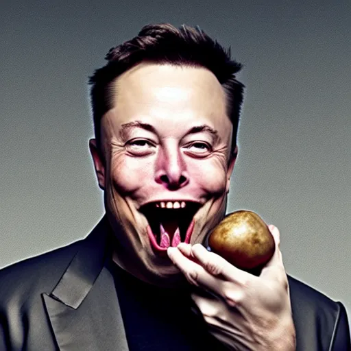 Image similar to elon musk surprised, mouth open wide, holding a potato, 4 k photography, highly detailed, portrait, cinematic lighting