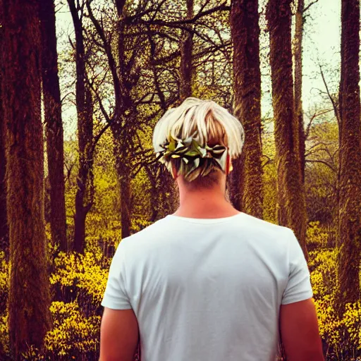 Image similar to kodak portra 4 0 0 photograph of a skinny blonde guy standing in field of dead trees, back view, flower crown, moody lighting, telephoto, 9 0 s vibe, blurry background, vaporwave colors, faded!,