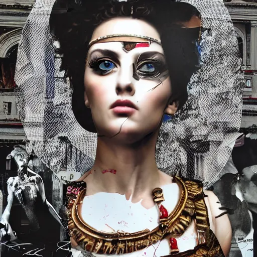 Image similar to roman goddess, contemporary collage, highly detailed, digital painting, 4 k, hdr, punk, fashion, smooth, sharp focus, art by nick knight, sandra chevrier and john hoyland