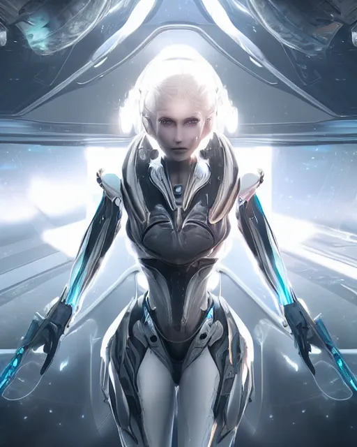 Image similar to photo of a beautiful girl on a mothership, android, warframe armor, pretty face, scifi, futuristic, galaxy, raytracing, dreamy, perfect, aura of light, pure, white hair, blue cyborg eyes, glow, insanely detailed, artstation, innocent look, art by gauthier leblanc, kazuya takahashi, huifeng huang