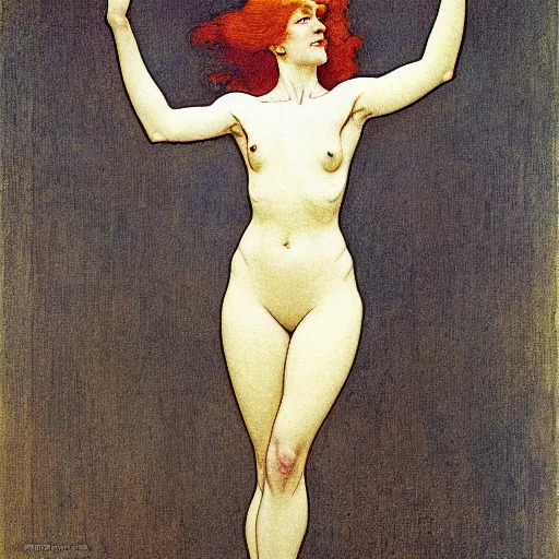 Prompt: redhead woman with arms and hands elegant, fine lines, clean lines, drawn by maxfield parrish, alphonse mucha, henri gillet, william morris, john henry dearle, odilon redon, gaston bussiere, felicien rops, eugene grasset, janis rozentals