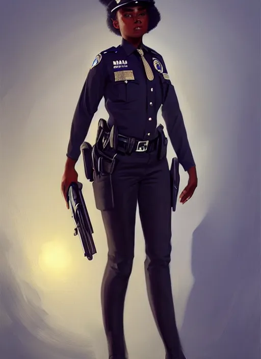 Image similar to full body portrait of young black woman as a police officer, police uniform, intricate, beautiful and elegant, highly detailed, digital painting, artstation, concept art, smooth, sharp focus, illustration, art by wlop, mars ravelo and greg rutkowski