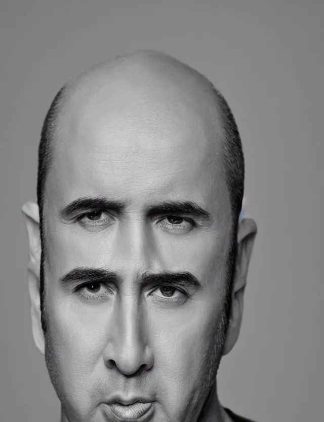 Prompt: portrait of bald nicolas cage neutral expression face straight on headshot even lighting no hair