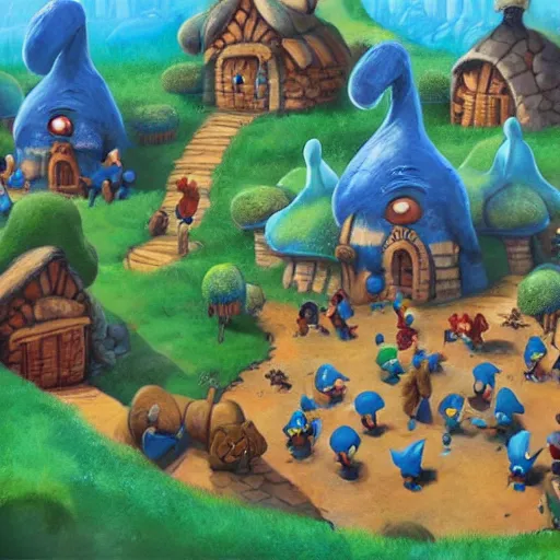 Image similar to the smurf village, artwork by disney