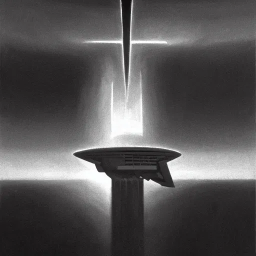 Prompt: a black and white dean ellis style 1 9 7 0 s sci - fi space ship, oil on canvas painting, smooth, sharp focus, vibrant volumetric natural light in style of josan gonzalez and mike winkelmann and andgreg rutkowski and alphonse muchaand and caspar david friedrich and stephen hickman and james gurney and hiromasa ogura..