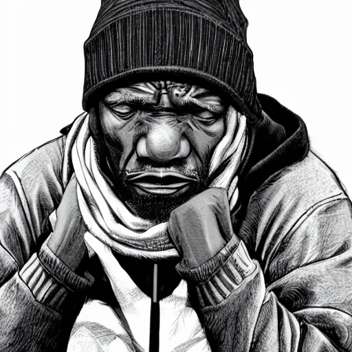 Prompt: a weathered old black man wearing a beanie, comic book, highly detailed, artgerm, looking despondent, sad