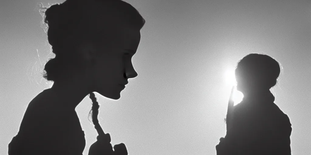 Image similar to Film still of Emma Watson as Hermione Granger. Silhouette. Shadowed. Halo. Ring of light. 35mm lens. Backlit. Angelic. Beautiful. William Adolphe Bouguereau. Henriette Browne.