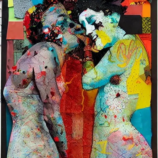 Image similar to two dream women kissing at a carnival made of love, mixed media collage, retro, paper collage, magazine collage, acrylic paint splatters, bauhaus, abstract claymation, layered paper art, sapphic visual poetry expressing the utmost of desires by jackson pollock