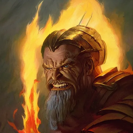 Image similar to head and shoulders portrait of a helmed fire giant with a giant sword wreathed in flame, d & d, fantasy, greg rutkowski, frank frazetta, alexandre chaudret, boris vallejo, michael whelan, miro petrov, hr giger, magali villeneuve, donato giancola