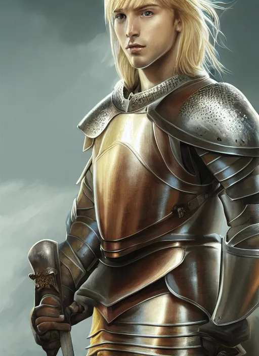 Image similar to oilpainting of a handsome young knight with a beautiful face and clear skin, long blond hair, knight armor, no helmet, medieval art, high resolution, clear image, digital art, studio photo, 4 k, clear lines, artstation