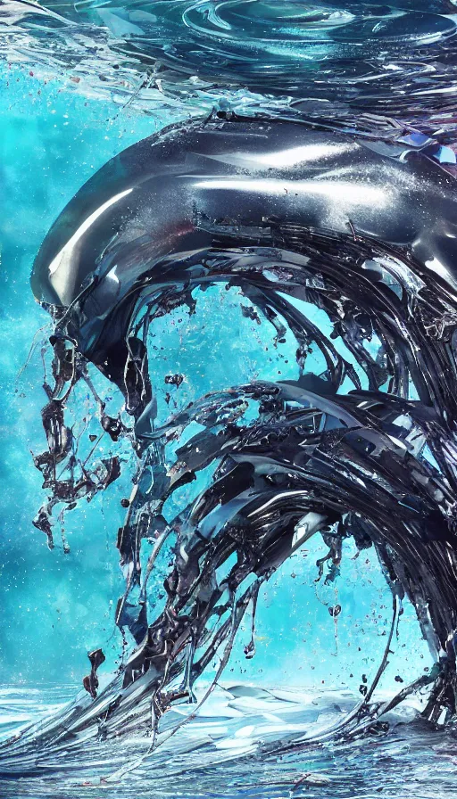 Prompt: color pentax photograph of a biomechanical orca spirit emerging from the sea, made up of bits of plastic and skin and metal, shiny, wet, made of nanomaterials, metallic, cyberpunk, post apocalyptic, hyper realistic, epic angle, beautiful composition, octane render, unreal engine render, 8k, super detailed, SLICK!!