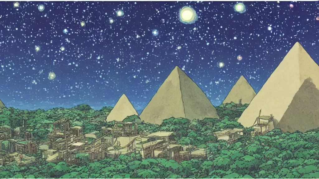 Prompt: a movie still from a studio ghibli film showing a mine runoff storage facility, and three pyramids, in the rainforest on a misty and starry night. by studio ghibli