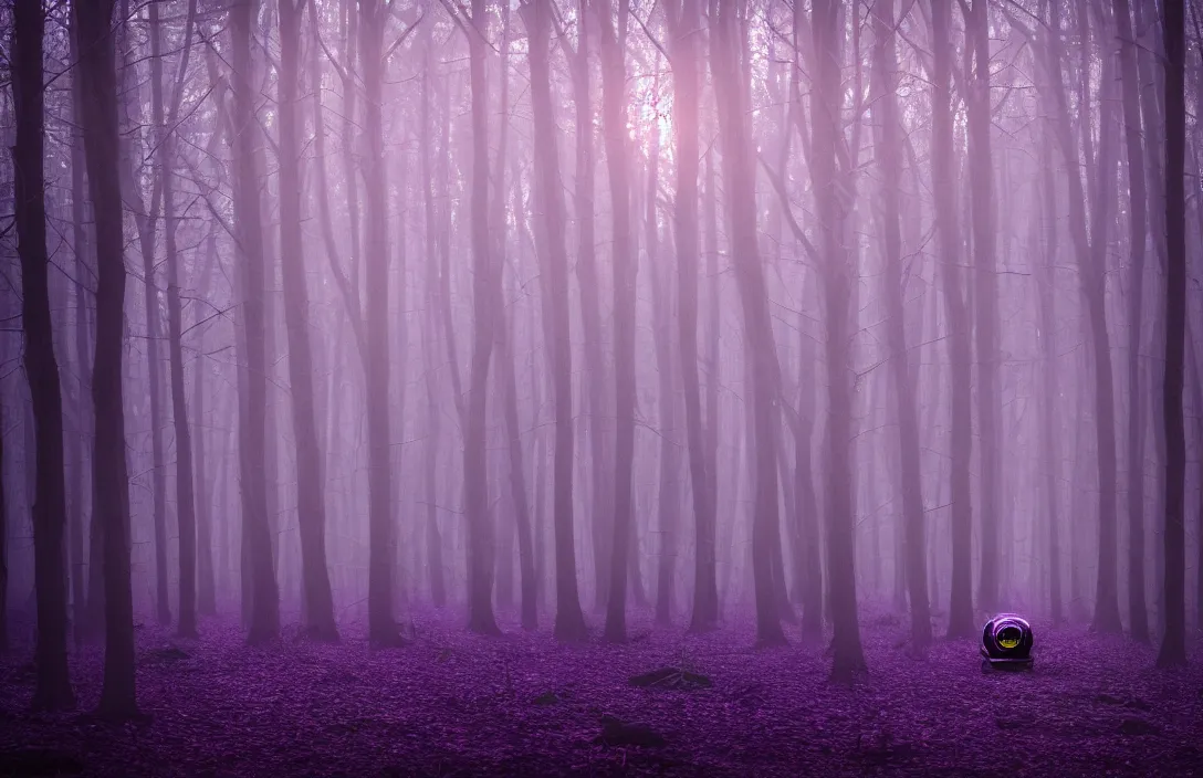 Image similar to purple forest, glowing beetle, sigma lens, strong bokeh, photography, highly detailed, 8 5 mm, f / 1. 3, foggy, dramatic lighting, 4 k