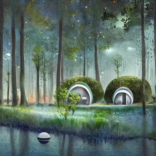 Image similar to beautiful happy picturesque charming organic futuristic sci - fi town of pod homes integrated in a forest area. water and trees. beautiful light. grainy and rough. soft colour scheme. beautiful artistic detailed watercolor by lurid. ( 2 0 2 2 )