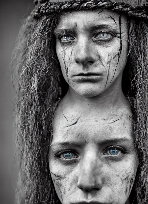 Prompt: Award winning Editorial photo of a medieval Native Female Liechtensteiners with incredible hair and beautiful hyper-detailed eyes wearing traditional garb by Lee Jeffries, 85mm ND 5, perfect lighting, gelatin silver process