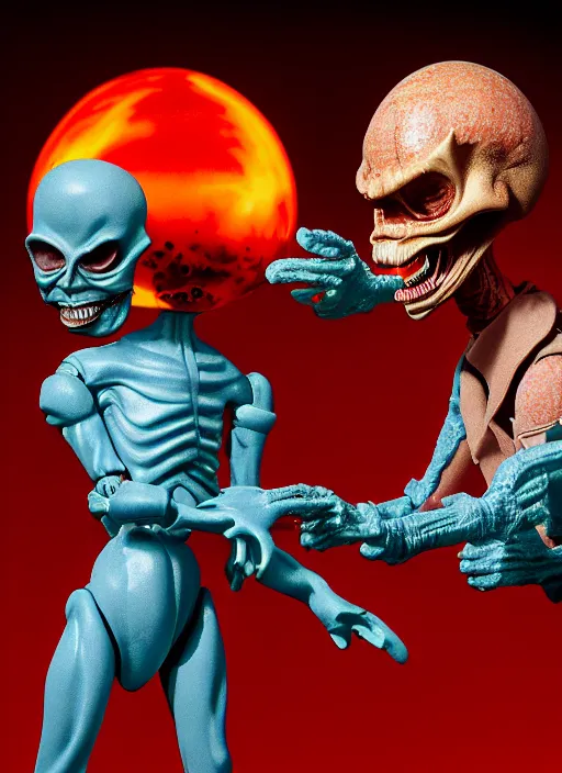Prompt: hyperrealistic rendering, tim burton's mars attacks by richard corben and jeff easley, product photography, action figure, sofubi, studio lighting, colored gels, rimlight, backlight