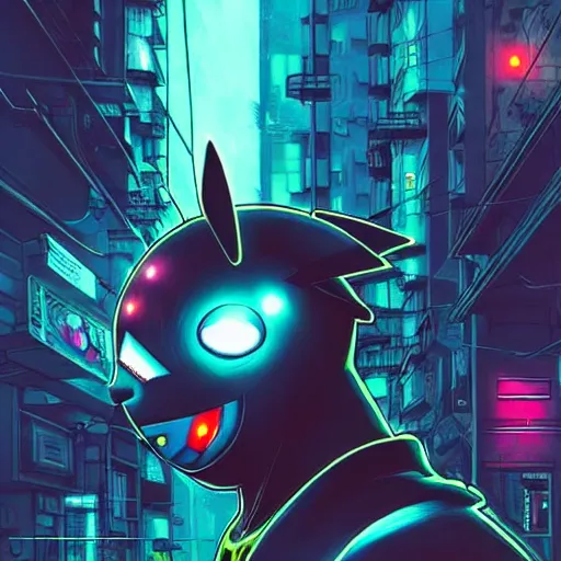 Image similar to Side view of a Pikachu cyborg demon in cyberpunk headset and helmet on the street of a cyberpunk city, sci-fi, fantasy, intricate, very very beautiful, elegant, highly detailed, digital painting, artstation, concept art, smooth, sharp focus, illustration, concept art by Josan Gonsales and James Gurney and Mœbius