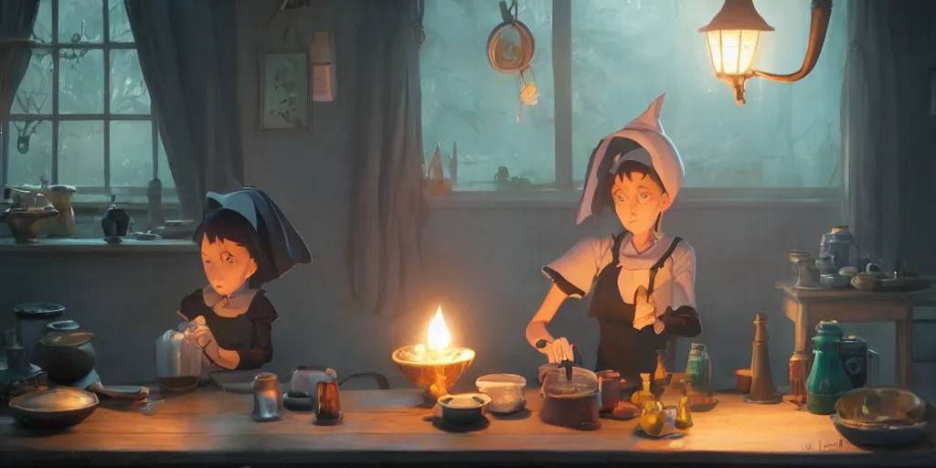 Image similar to a wholesome animation key shot of a focused witch preparing her potions at home, medium shot, waist up, studio Ghibli, Pixar and Disney animation, sharp, Rendered in Unreal Engine 5, anime key art by Greg Rutkowski, Bloom, dramatic lighting