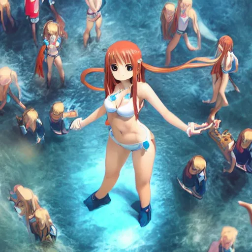 Image similar to seen from above : a giant macro very beautiful young yuuki asuna, full body, long wavy hair, sky blue eyes, full round face, bikini, miniskirt, standing in the middle of a miniature crowd, cinematic wallpaper by stanley artgerm lau