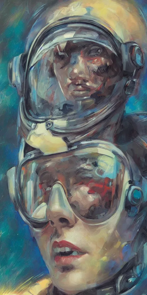 Image similar to abstract expressionist portrait of a space mechanic in the style of frank cho, casey baugh and james jean