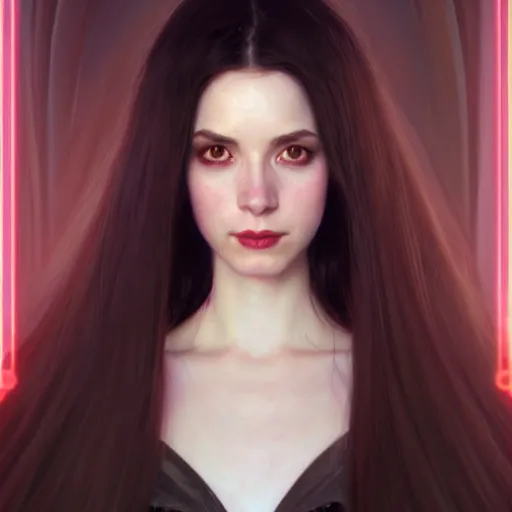 Image similar to portrait of a smiling, beautiful, pale skin female with long black hair, dark brown eyes, elegant clothing, photorealistic, highly detailed, artstation, smooth, sharp focus, neon lighting, sci - fi, art by gustav klimt, artgerm, greg rutkowski and alphonse mucha