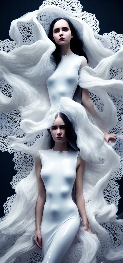 Prompt: an fierce nubile young woman with long dark hair, painted in futuristic white latex, waves of billowing doily dress, clear skin, elegant, graceful, fashionable, cinematic, hyperdetailed illustration by irakli nadar and alexandre ferra, depth of field, global illumination,