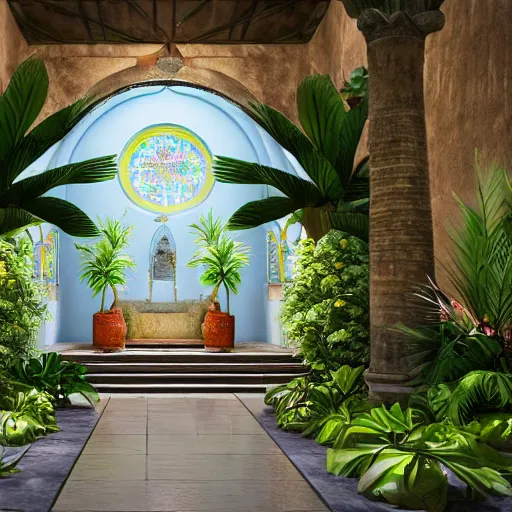 Image similar to cathedral interior with koi pond in the middle surrounded by palm trees, flowers, roses, tropical plants, and archways. photorealistic lighting rendered in octane