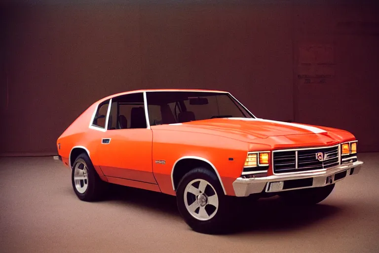 Prompt: studio photoshoot designed by giorgetto giugiaro of a single 1 9 7 3 land cruiser chevelle, thick neon lights, ektachrome photograph, volumetric lighting, f 8 aperture, cinematic eastman 5 3 8 4 film