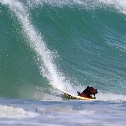 Prompt: photo of a dog surfing in a volcano