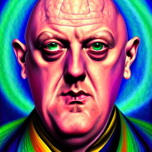 Image similar to An extremely psychedelic portrait of Aleister Crowley, surreal, LSD, face, detailed, intricate, elegant, lithe, highly detailed, digital painting, artstation, concept art, smooth, sharp focus, illustration