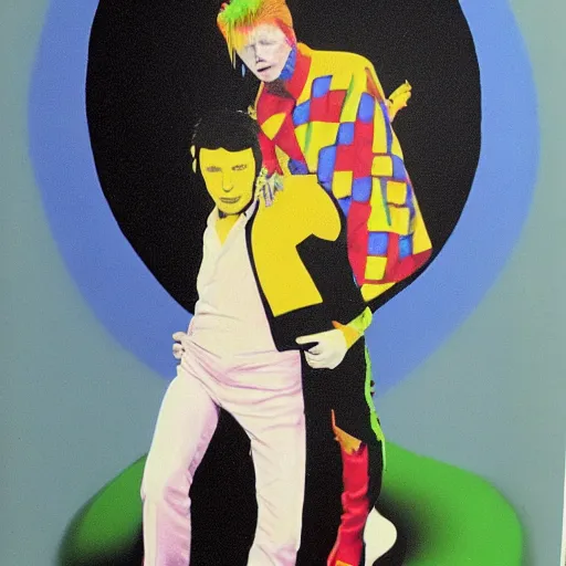 Prompt: david bowie from changes giving a piggy back ride to ziggy stardust. in the style of hans baldung.