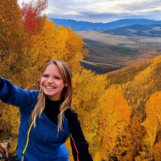 Prompt: a selfie of cute tomboyish girl taken on top of a mountain in Colorado, Aspen trees with Fall Colors in the background