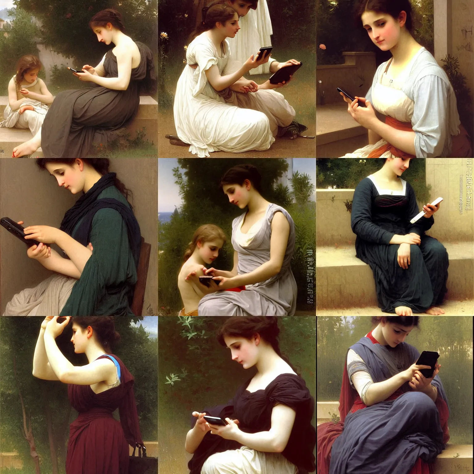 Prompt: looking at her smartphone, painted by William-Adolphe Bouguereau