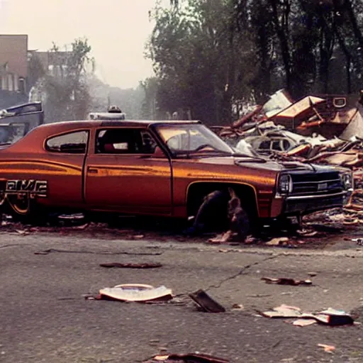 Image similar to dukes of hazzard car driving through a destroyed town, realistic