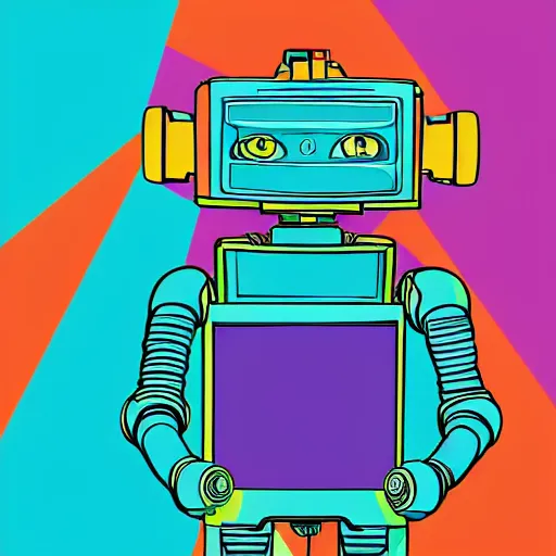 Prompt: robots need love too adorable cute cyberpunk street hustler mech-robot wearing walkman cyan and yellow colored paint oozing from mouth centre image cool street style relaxed pose Jamie Hewlett style moebius style pastel color style neon lights messy cables line drawing,