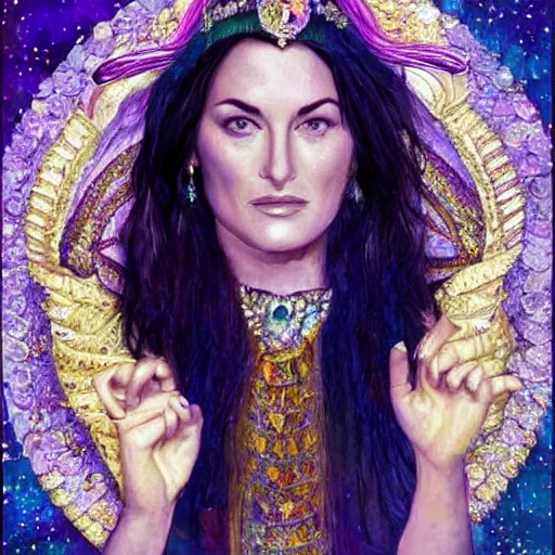 Prompt: a young Mädchen Amick as Goddesses of gems looking at you intensely with seductively serious eyes while wearing a head covering. ultra detailed painting at 16K resolution and epic visuals. epically surreally beautiful image. amazing effect, image looks crazily crisp as far as it's visual fidelity goes, absolutely outstanding. vivid clarity. ultra. iridescent. mind-breaking. mega-beautiful pencil shadowing. beautiful face. Ultra High Definition.